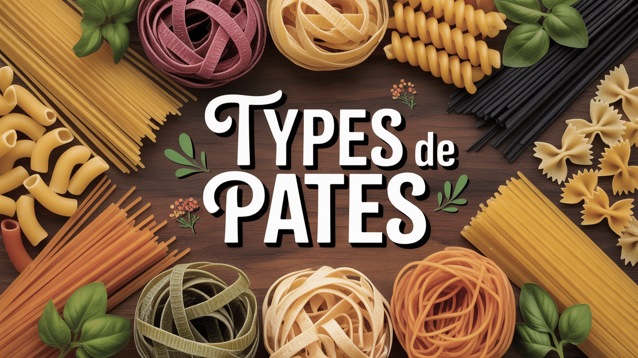 types de pates spaghetti penne fusilli farfalle sur bois