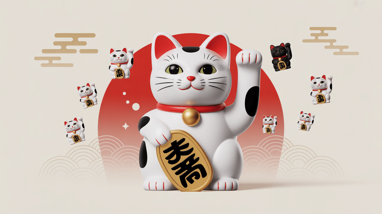 Illustration du chat japonais porte bonheur maneki neko avec pièce koban