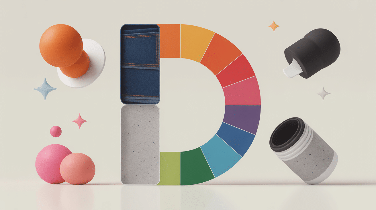 Illustration couleur en d avec doré, denim, dragée et gris béton