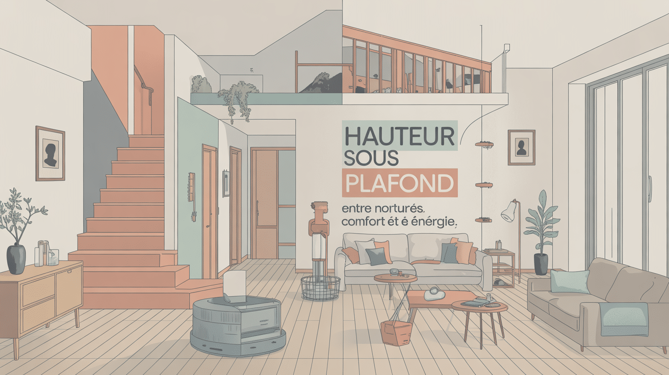 Illustration isométrique d’un appartement montrant plafond hauteur standard et volumes variés