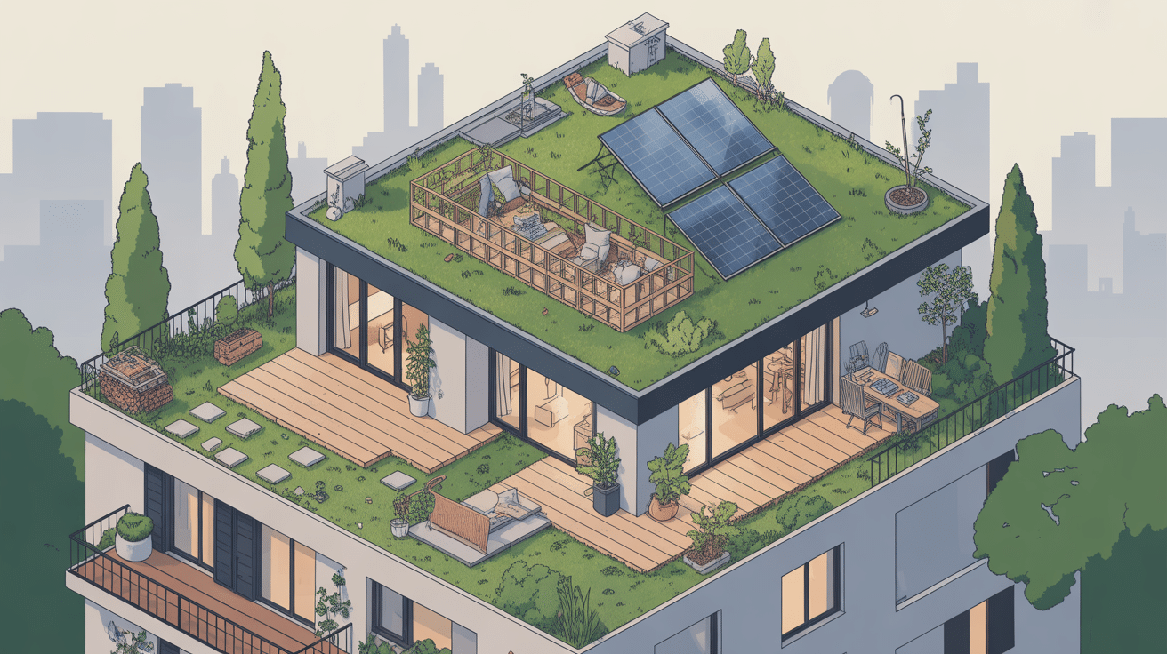 Illustration 3D d’un toit en terrasse moderne avec couches techniques