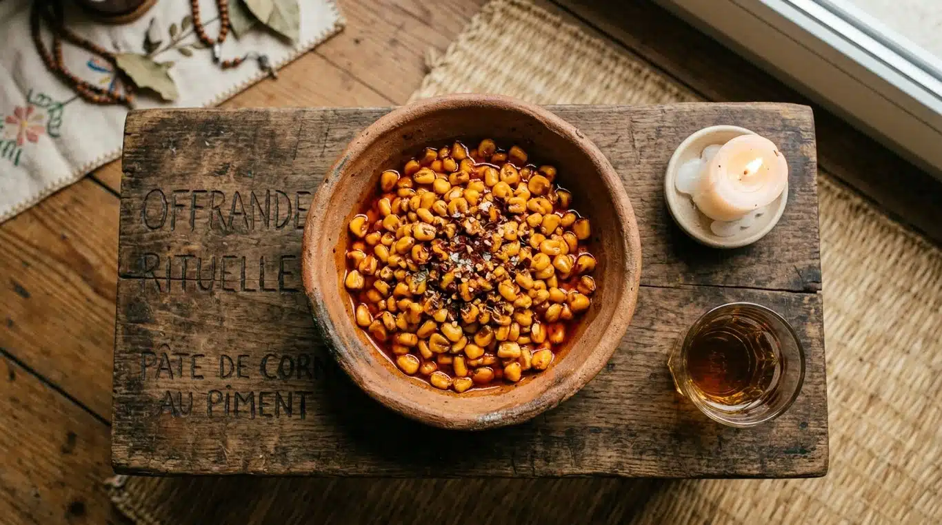 Offrande traditionnelle vaudou composée de maïs grillé, huile de palme et piment dans un bol en terre cuite.