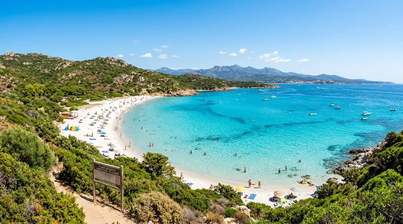 Vue panoramique de la plage de sable blanc et eau turquoise de Bodri en Corse