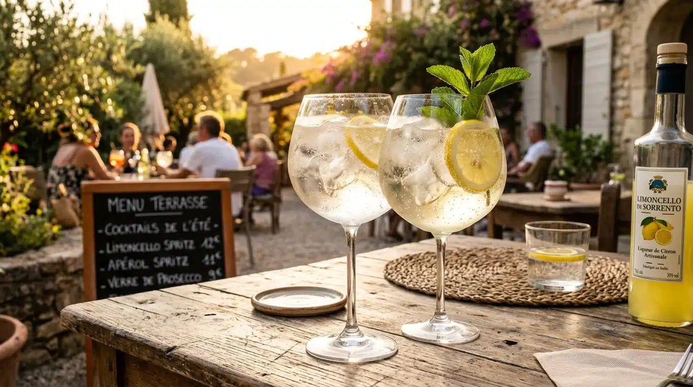 Un verre de Spritz Limoncello rafraîchissant avec une rondelle de citron et de la menthe sur une terrasse ensoleillée.