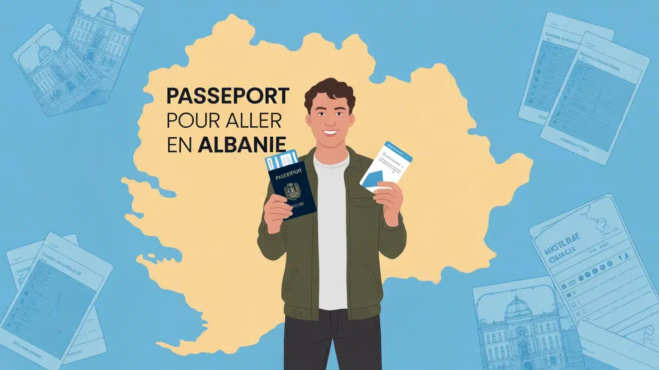 Voyageur avec passeport et carte d'identité devant carte de l'Albanie