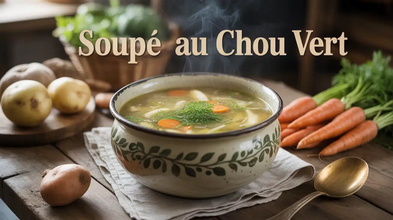 Bol de soupe au chou vert fumante avec légumes racines