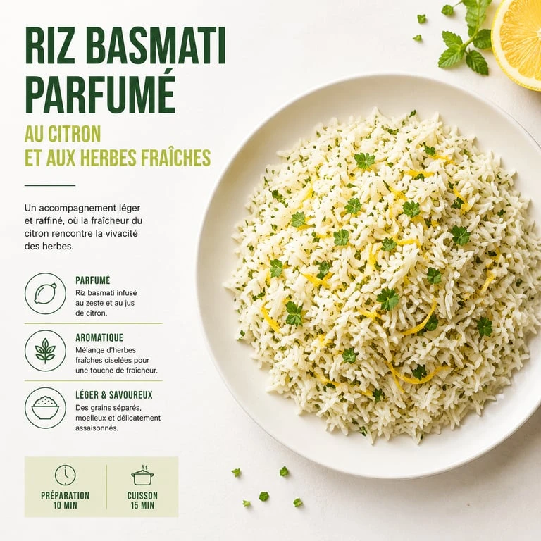 Recette de riz basmati parfumé au citron et aux herbes fraîches en accompagnement