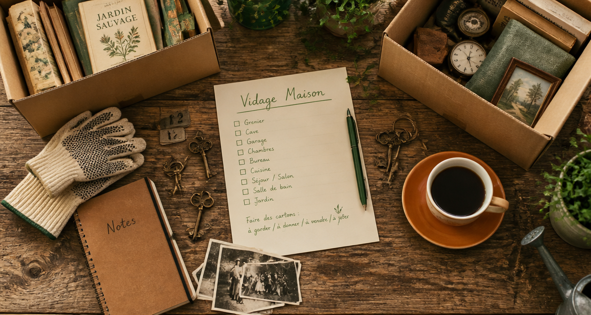 Checklist vidage maison sur table en bois