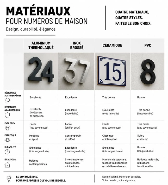 Comparatif des matériaux pour numéro de maison design : aluminium, inox, céramique et PVC