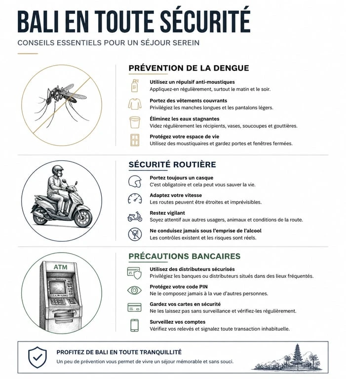 Infographie des conseils de sécurité et précautions sanitaires pour un voyage à Bali