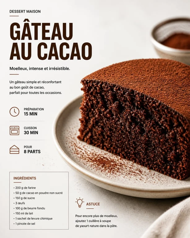 Gâteau au cacao moelleux et aérien, recette simple et rapide