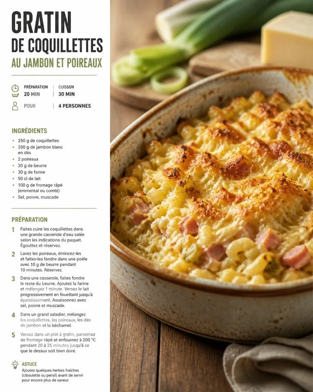 Gratin de coquillettes au jambon et poireaux, une recette facile et pas cher