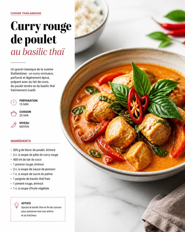 Curry rouge de poulet thaïlandais avec pâte de curry, servi dans un bol