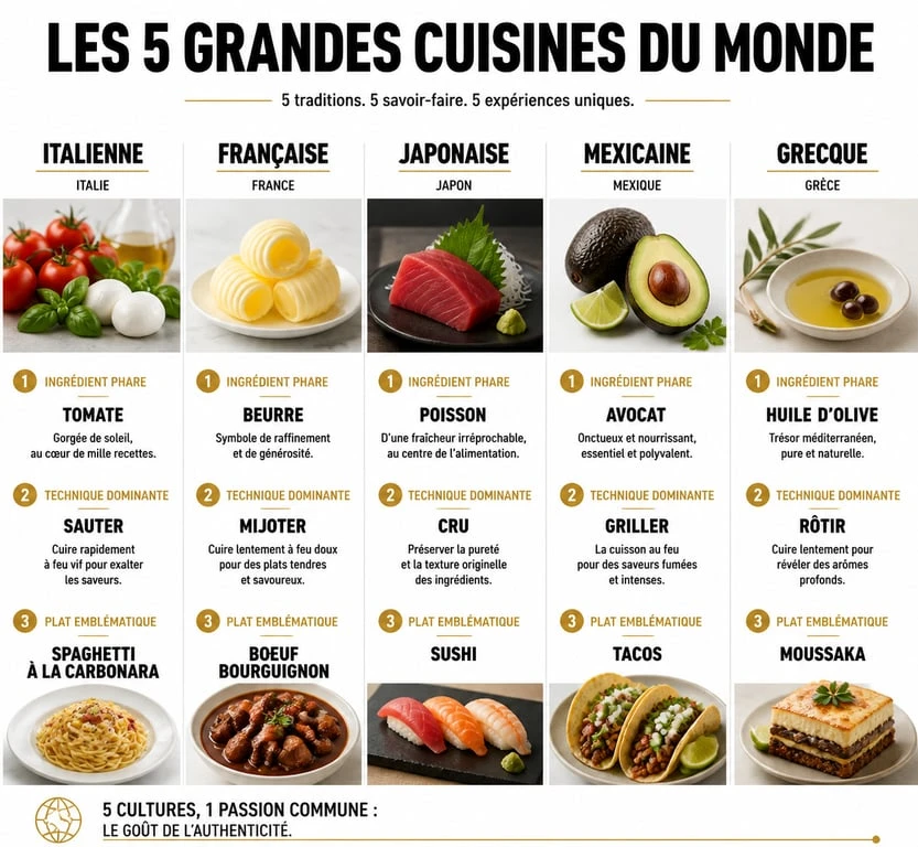 Infographie comparative des 5 grandes cuisines du monde : Italie, France, Japon, Mexique et Grèce.
