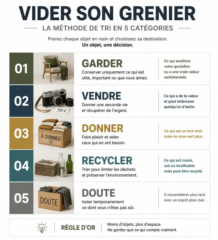 Infographie de la méthode de tri en 5 bacs pour vider mon grenier efficacement
