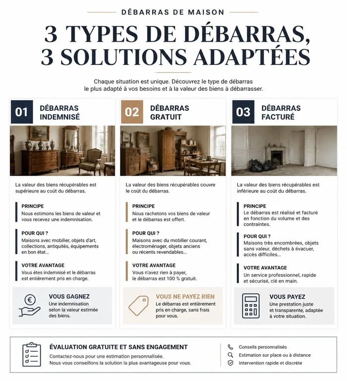 Infographie des trois types de débarras de maison par un brocanteur dans l'Oise