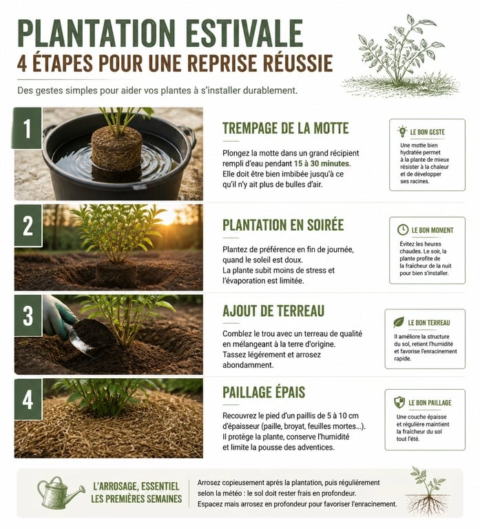 Infographie des étapes pour réussir ses plantations de fleurs en juillet et août