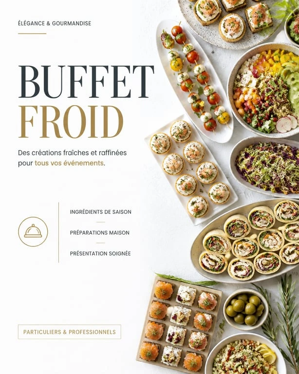 Table de buffet froid avec finger food et salades pour un repas entre amis