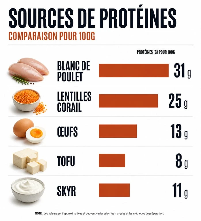 Infographie comparative des sources de protéines pour un repas riche en protéine