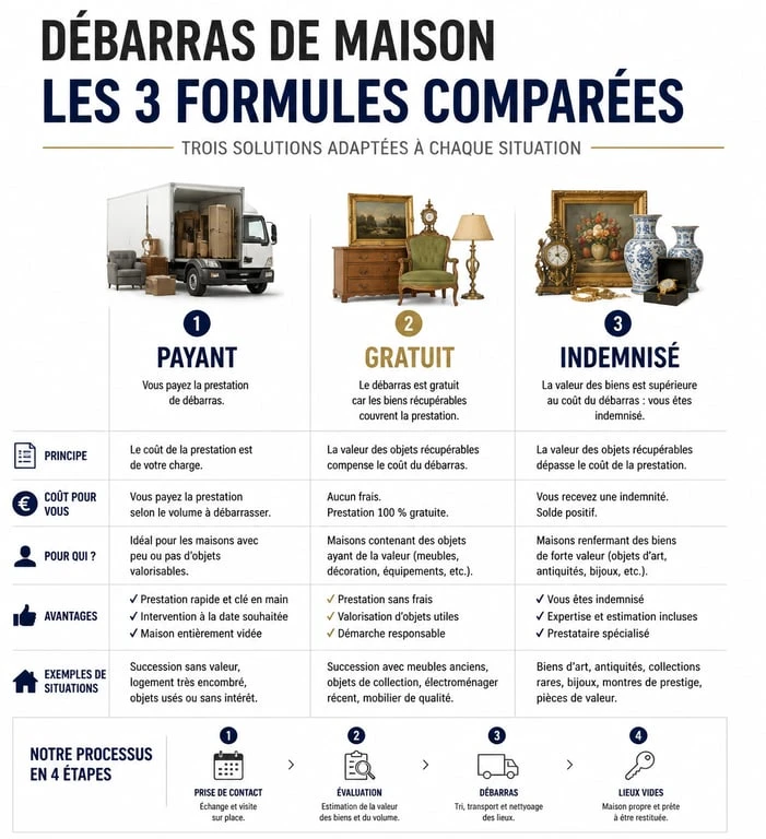 Infographie comparative des trois formules de débarras maison : payant, gratuit et indemnisé