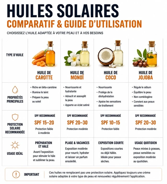 Infographie comparative des meilleures huiles pour bronzer et leurs propriétés