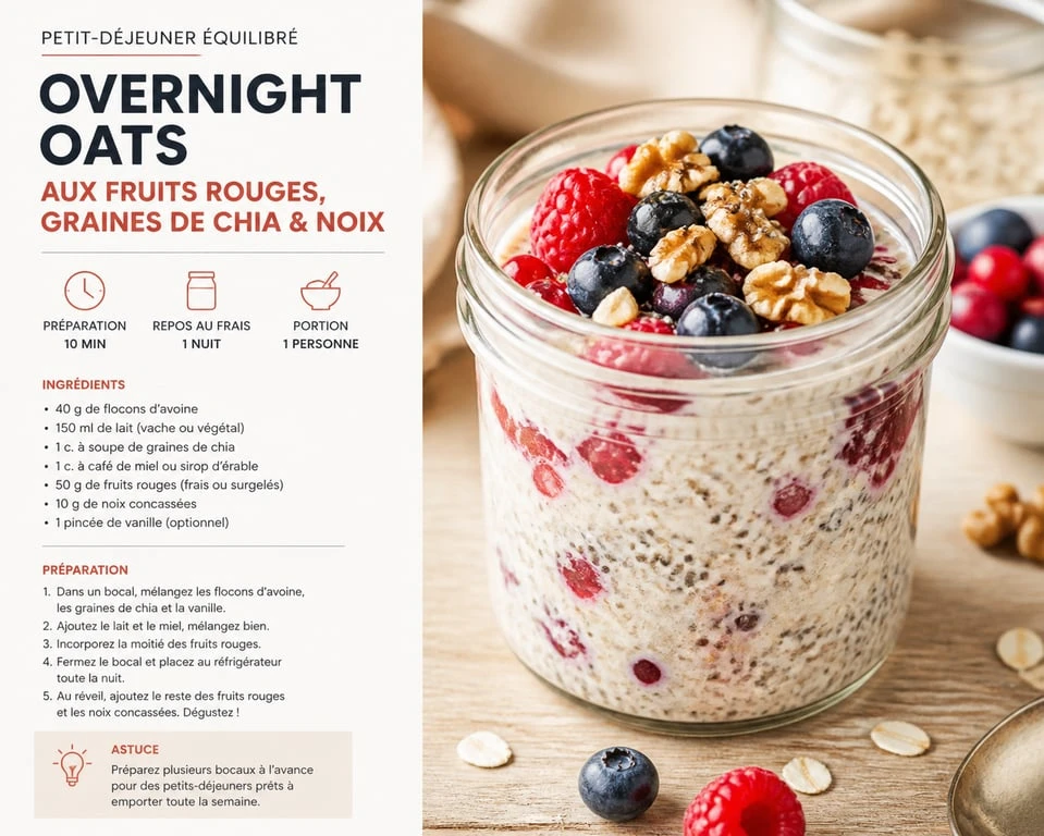 Overnight oats aux fruits rouges et graines de chia pour un petit déjeuner équilibré