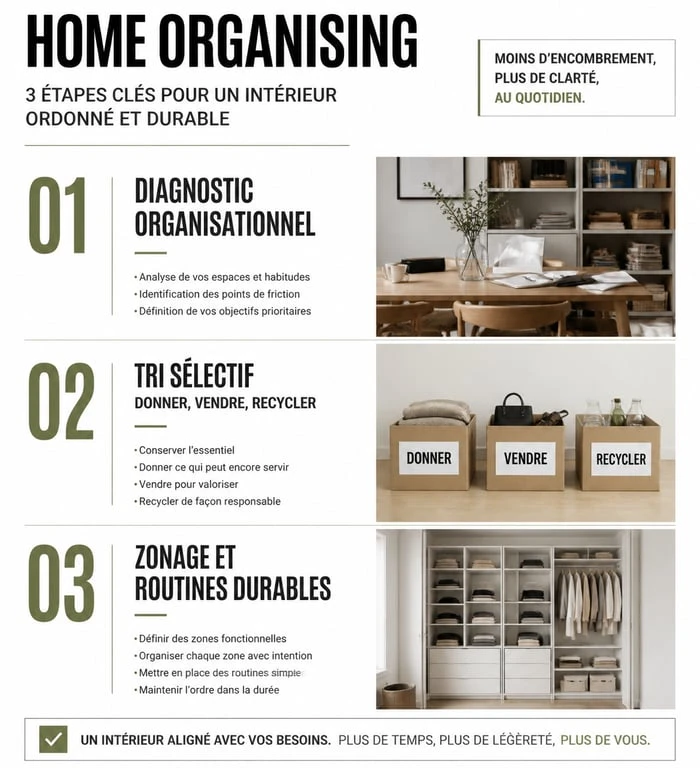 Infographie des étapes de l'aide au rangement maison et home organising