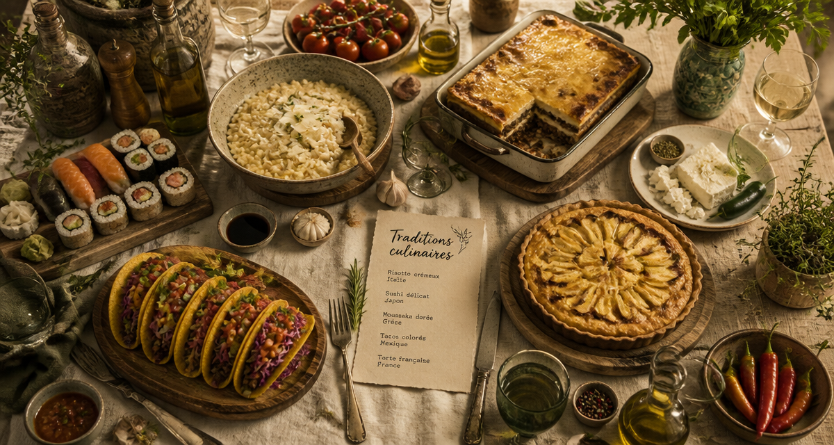 Les 5 grandes cuisines du monde, plats variés sur table rustique