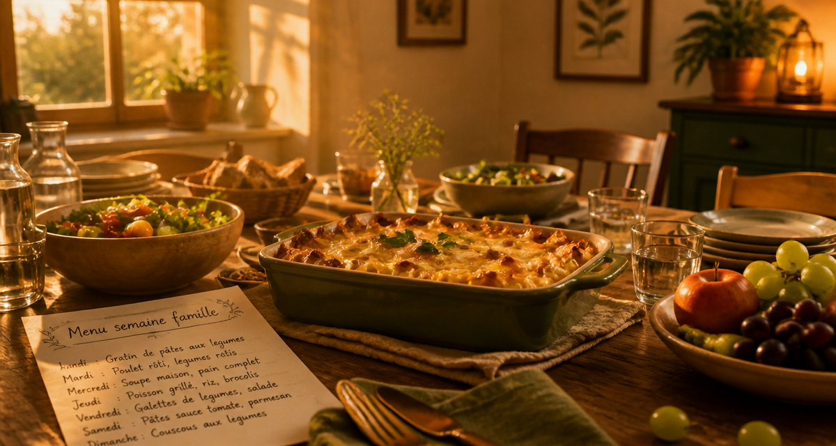Menu famille semaine, table dressée, repas équilibrés