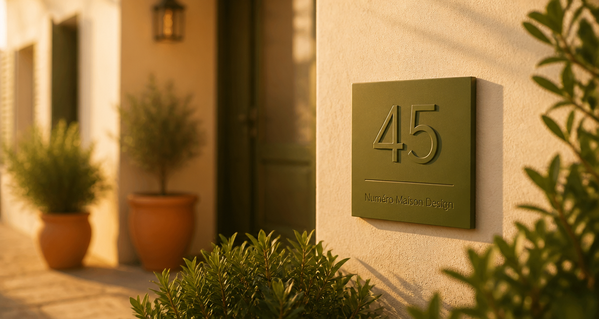 numero de maison design aluminium vert sur facade elegante