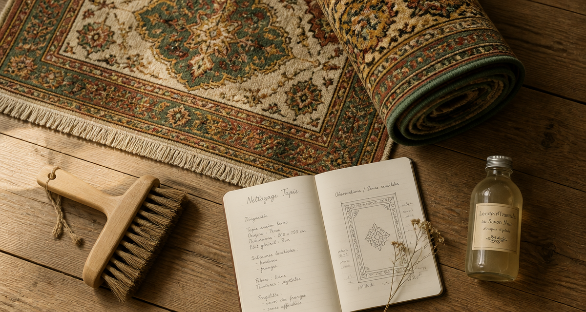 ou faire nettoyer un tapis persan roule sur parquet avec brosse et carnet