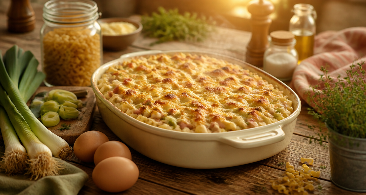 recette facile pas cher gratin coquillettes jambon poireaux