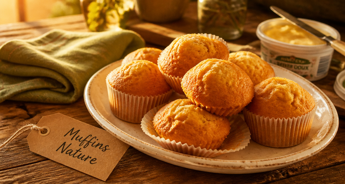 recette pour muffins nature sur assiette en bois