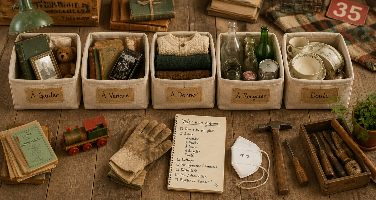 Vider mon grenier, bacs de tri et objets anciens sur plancher