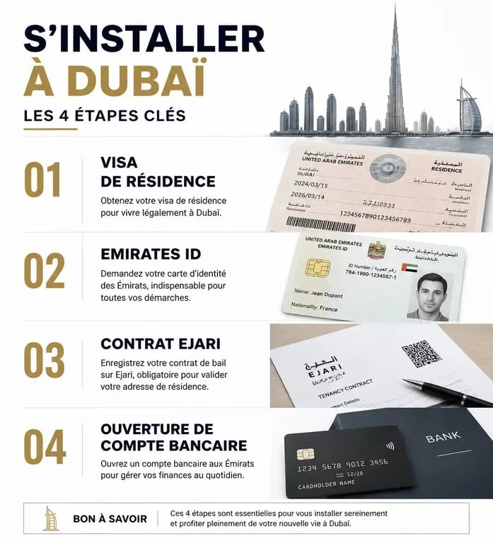 Infographie des étapes administratives pour déménager à Dubaï