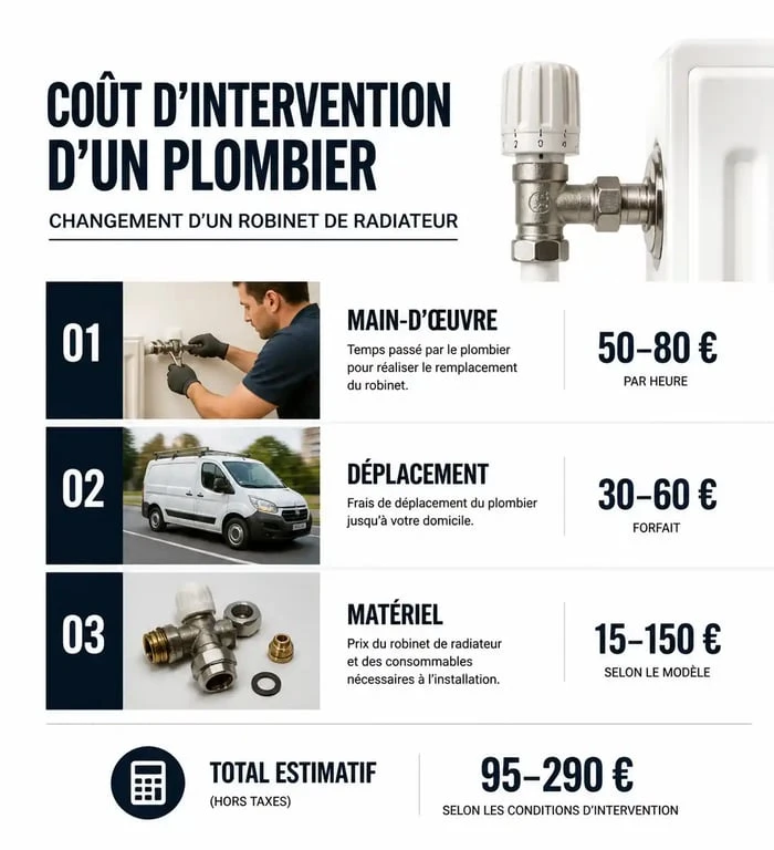 Infographie montrant la décomposition du prix d'un plombier pour changer un robinet de radiateur : main-d'œuvre, déplacement et matériel.