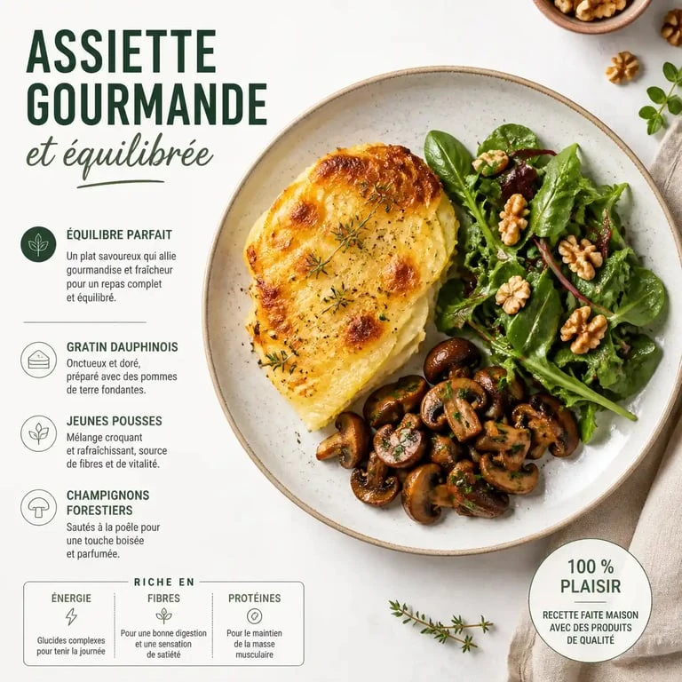 Assiette végétarienne composée d'un gratin dauphinois sans viande accompagné de légumes frais