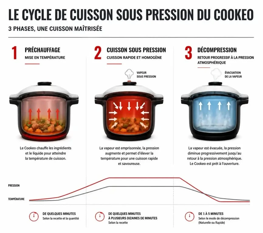 Schéma du cycle de cuisson rapide Cookeo : préchauffage, pression et décompression