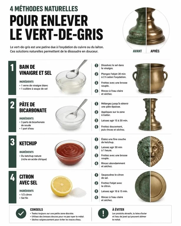 Infographie des méthodes naturelles pour enlever du vert de gris sur le cuivre