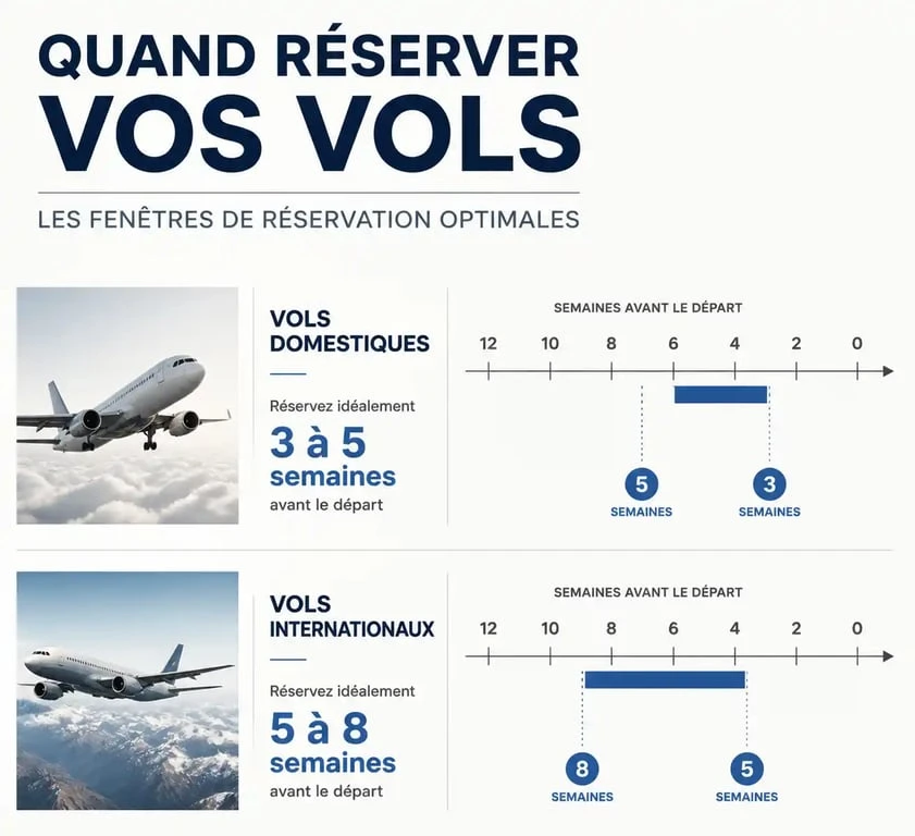 Infographie des périodes idéales pour réserver un billet d'avion moins cher