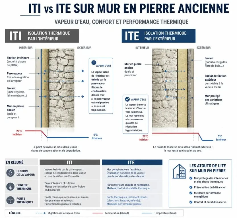 Schéma comparatif de l'isolation d'un mur en pierre par l'intérieur et par l'extérieur