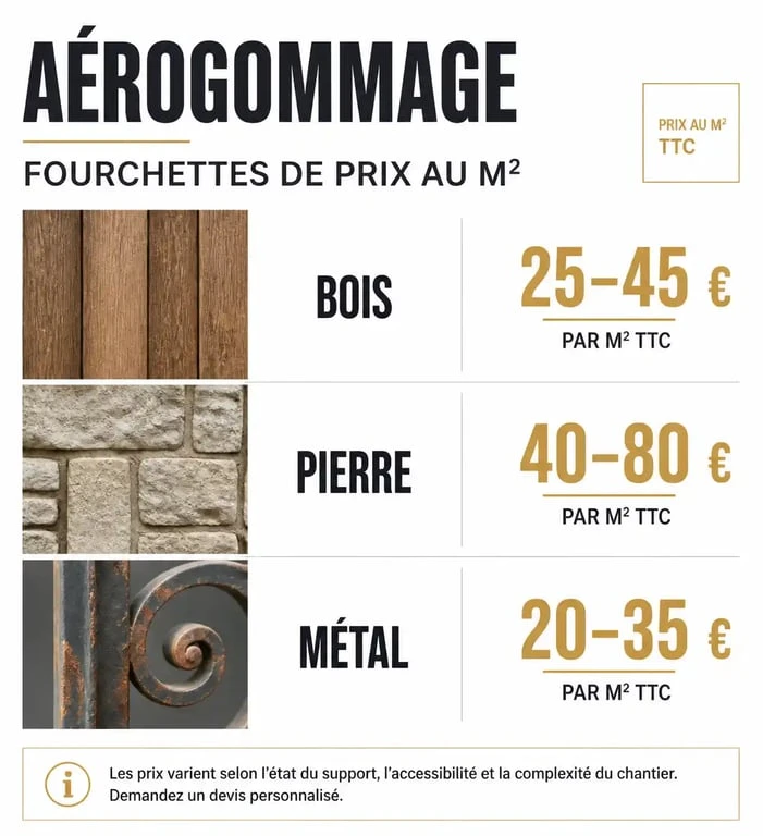 Infographie des prix de l'aérogommage au m2 selon le type de support : bois, pierre et métal.