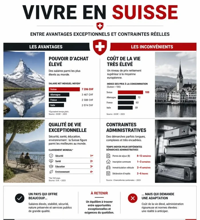 Infographie comparative des avantages et inconvénients de vivre en Suisse pour les expatriés