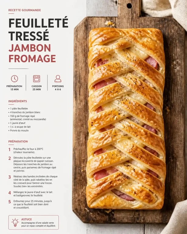 Recette avec de la pate feuilletee : feuilleté tressé au jambon et fromage doré et croustillant