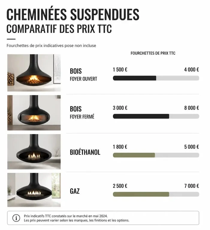 Comparatif des prix des cheminées suspendues selon le type d'énergie et d'installation