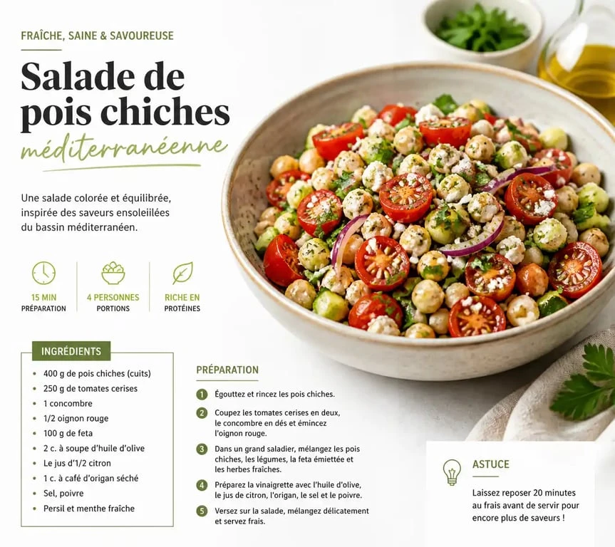 Salade de pois chiches à la méditerranéenne avec feta et légumes frais
