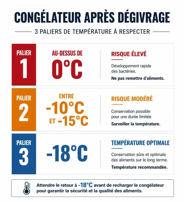 Infographie des paliers de température pour remplir un congélateur après dégivrage