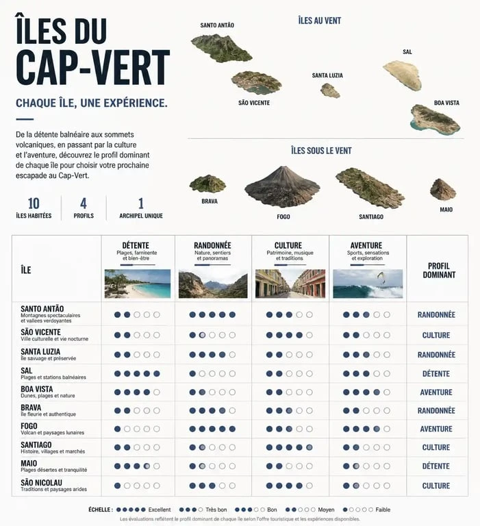 Infographie comparative des îles du Cap-Vert pour choisir sa destination de voyage selon ses envies.