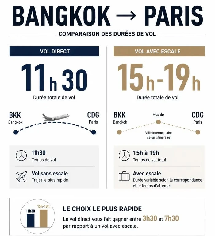 Comparatif des durées de vol entre Bangkok et Paris : vol direct versus vol avec escale