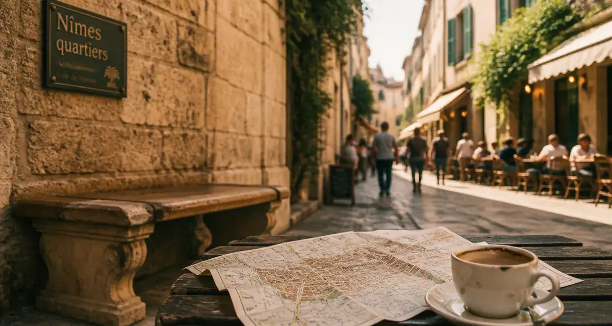 nimes quartiers : banc ocre près de pierres romaines et ruelle piétonne